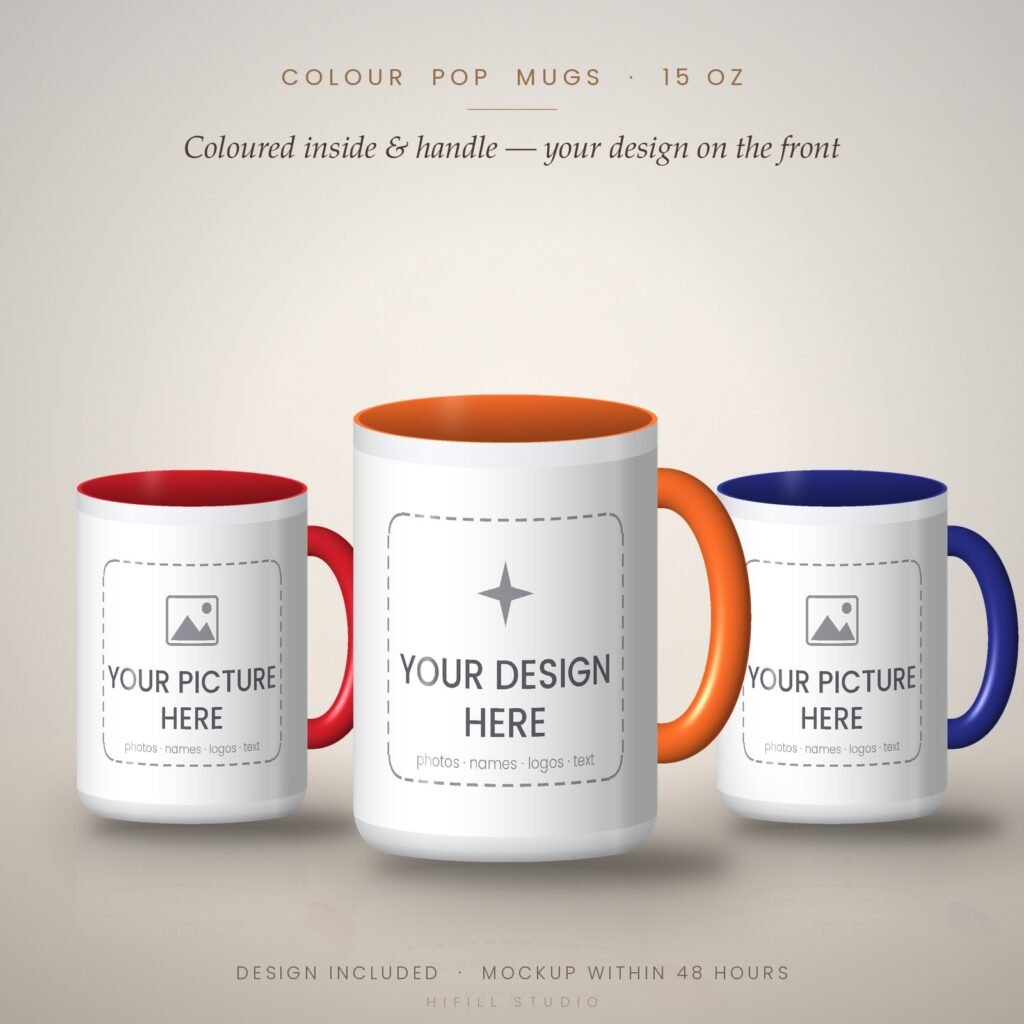 15 oz colour pop mugs with coloured inside and handle – your design here