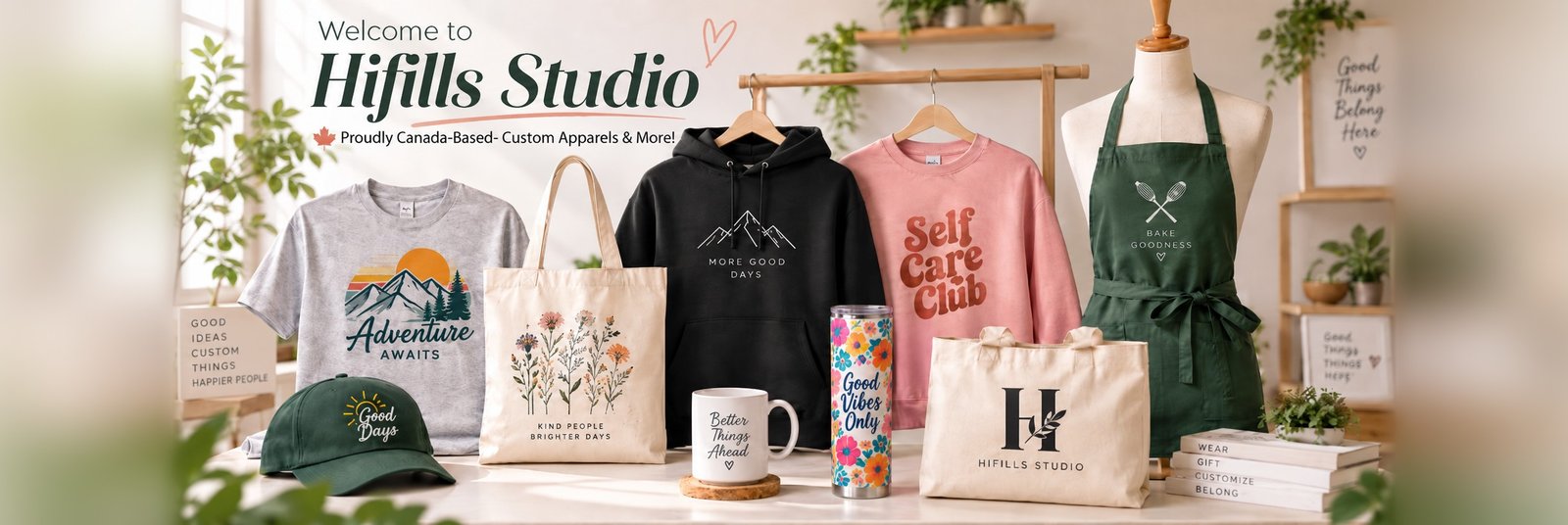 Welcome to Hifills Studio — custom tees, hoodies, totes, aprons, caps, mugs and tumblers